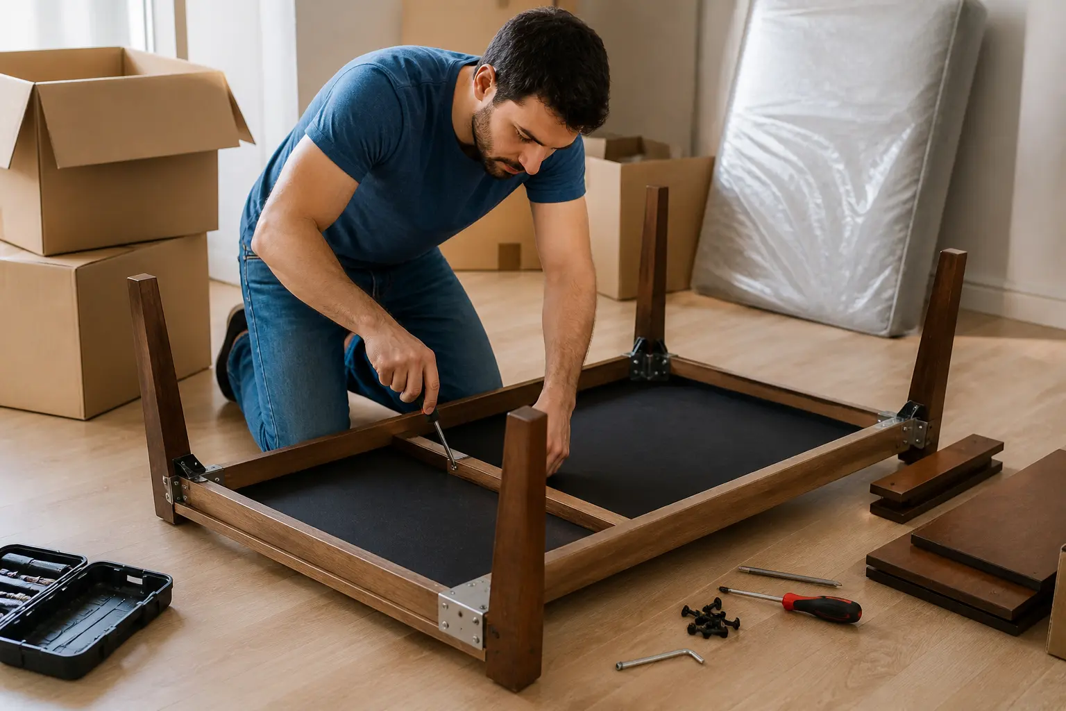 Assembling furniture amidst moving chaos