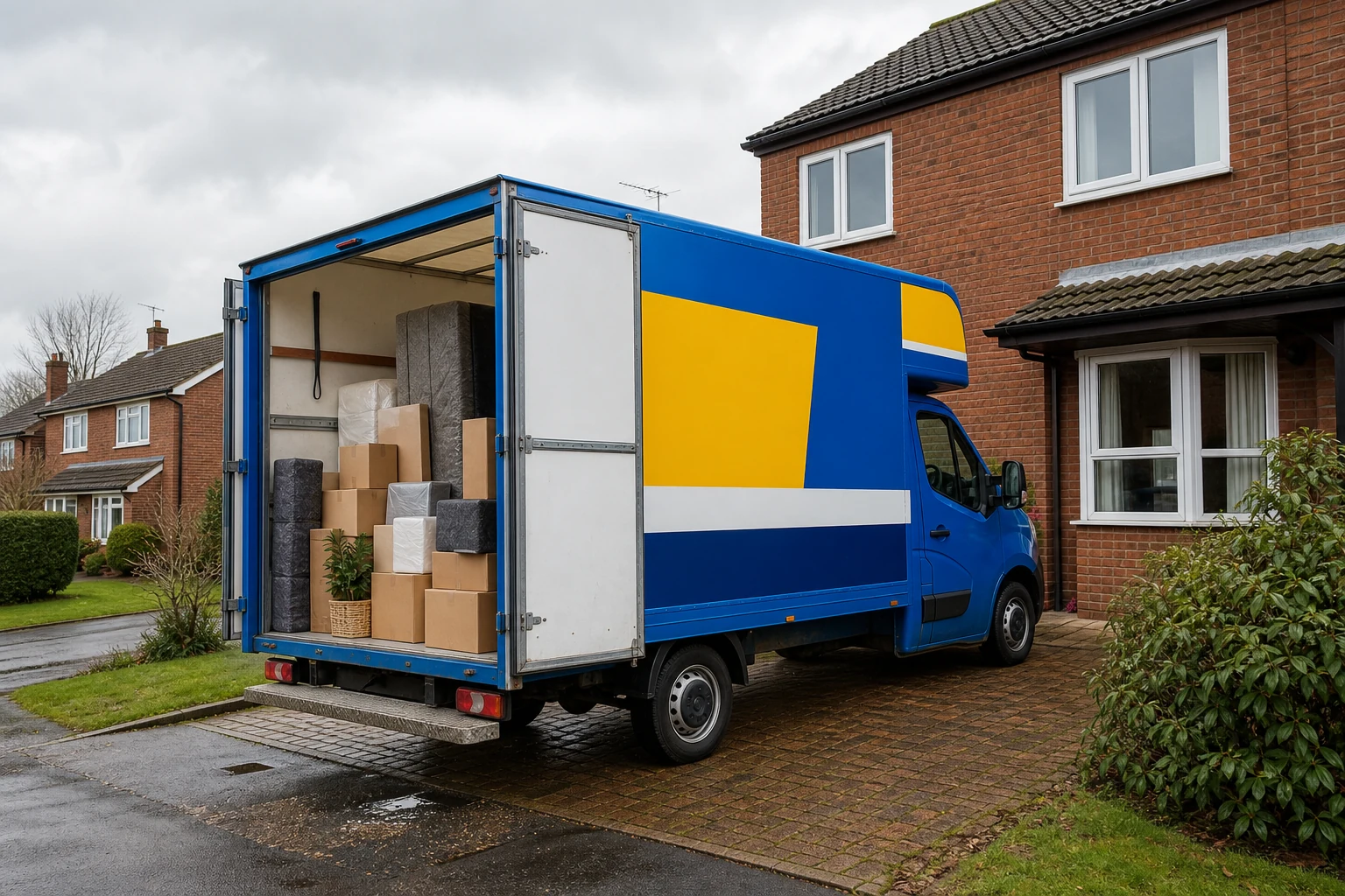 Bright blue removals van loaded outside a UK home for a long distance move.