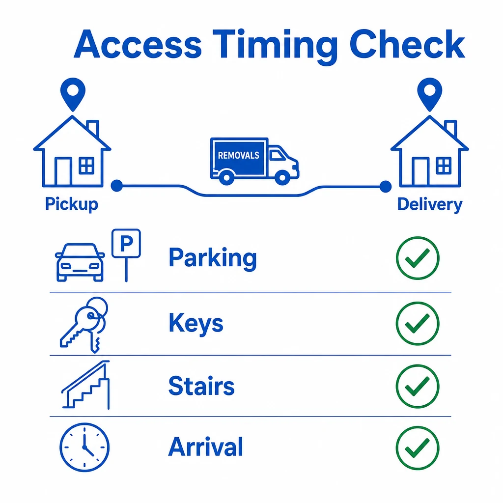 Graphic checklist for pickup and delivery access timing checks.