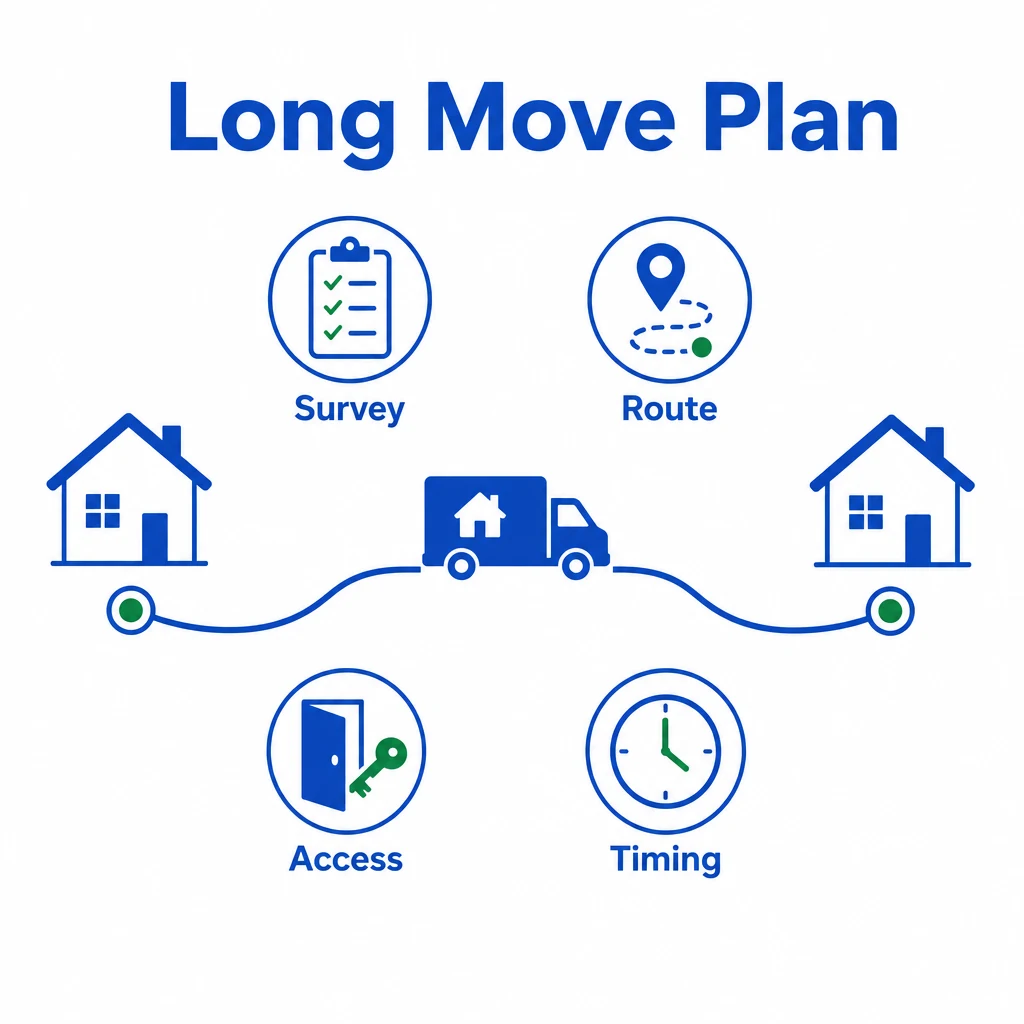 Graphic showing survey, route, access and timing planning for a long move.