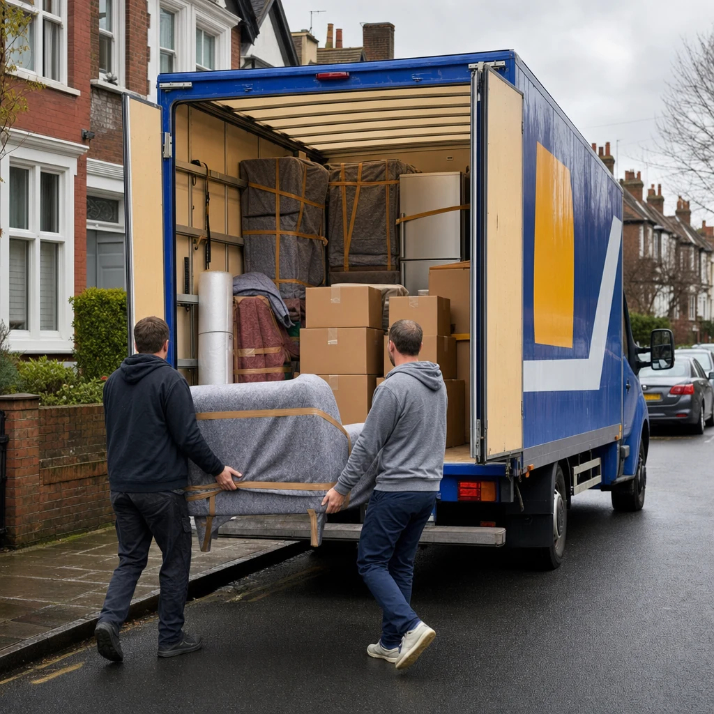 Movers loading furniture and boxes carefully into a blue removals van.