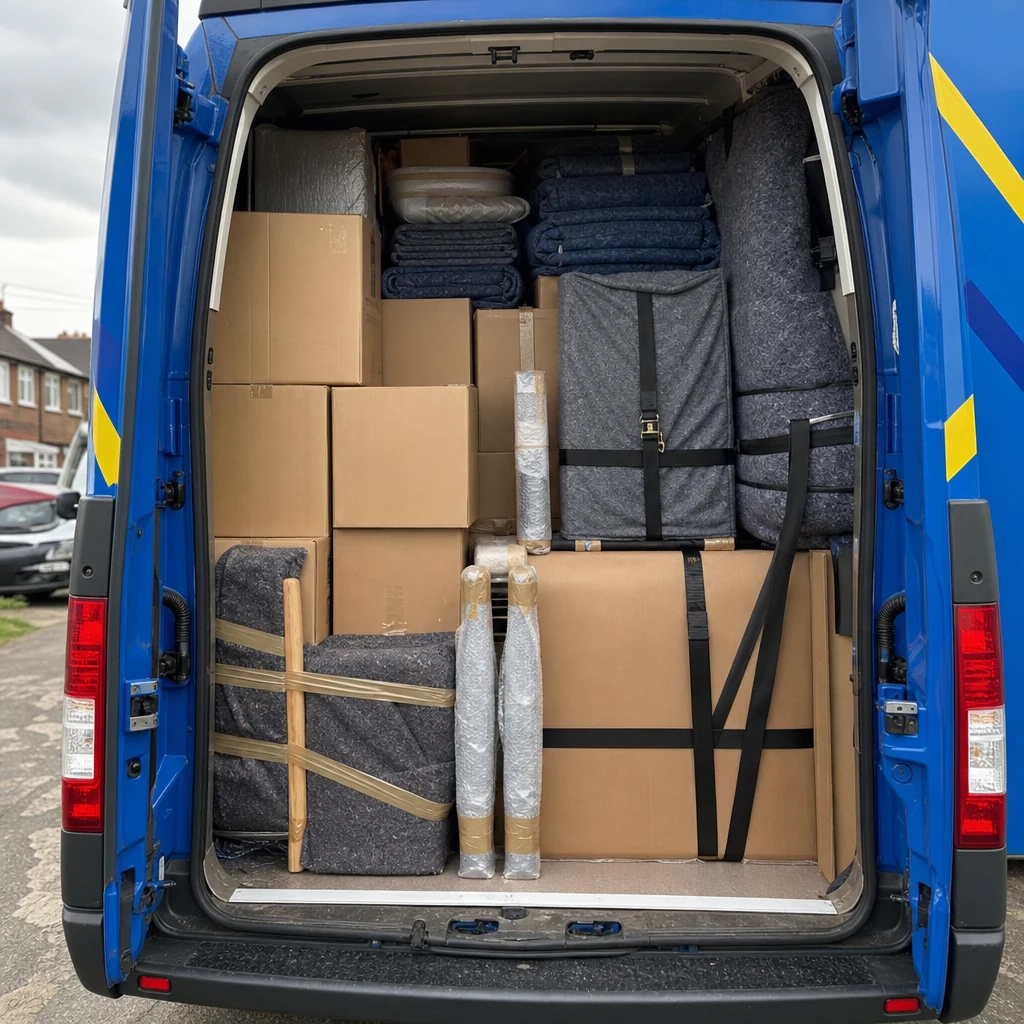 Packed boxes and wrapped furniture secured inside a removals van.