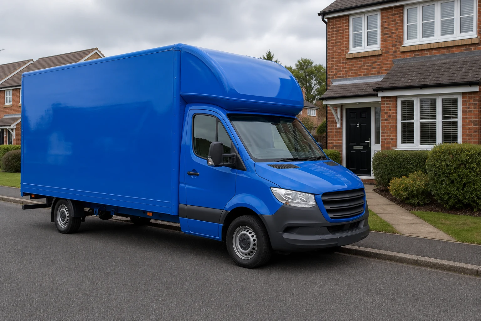 Plain blue removals van parked outside a home ready for a furniture move.