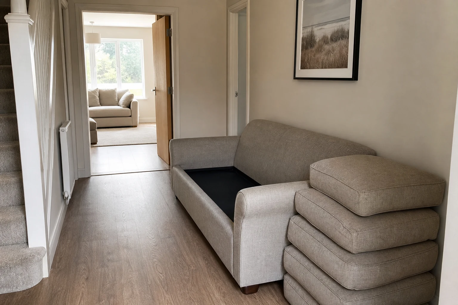 Sofa angled near a doorway with cushions removed for easier handling.