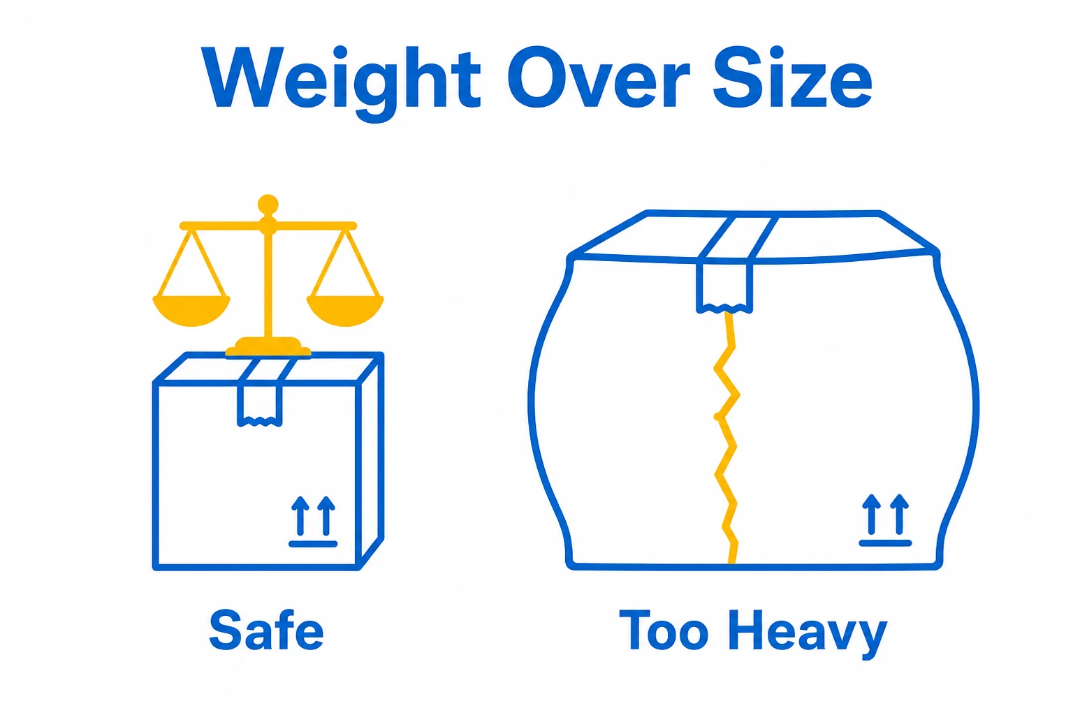 Graphic comparing a safe small heavy box with an overloaded large box