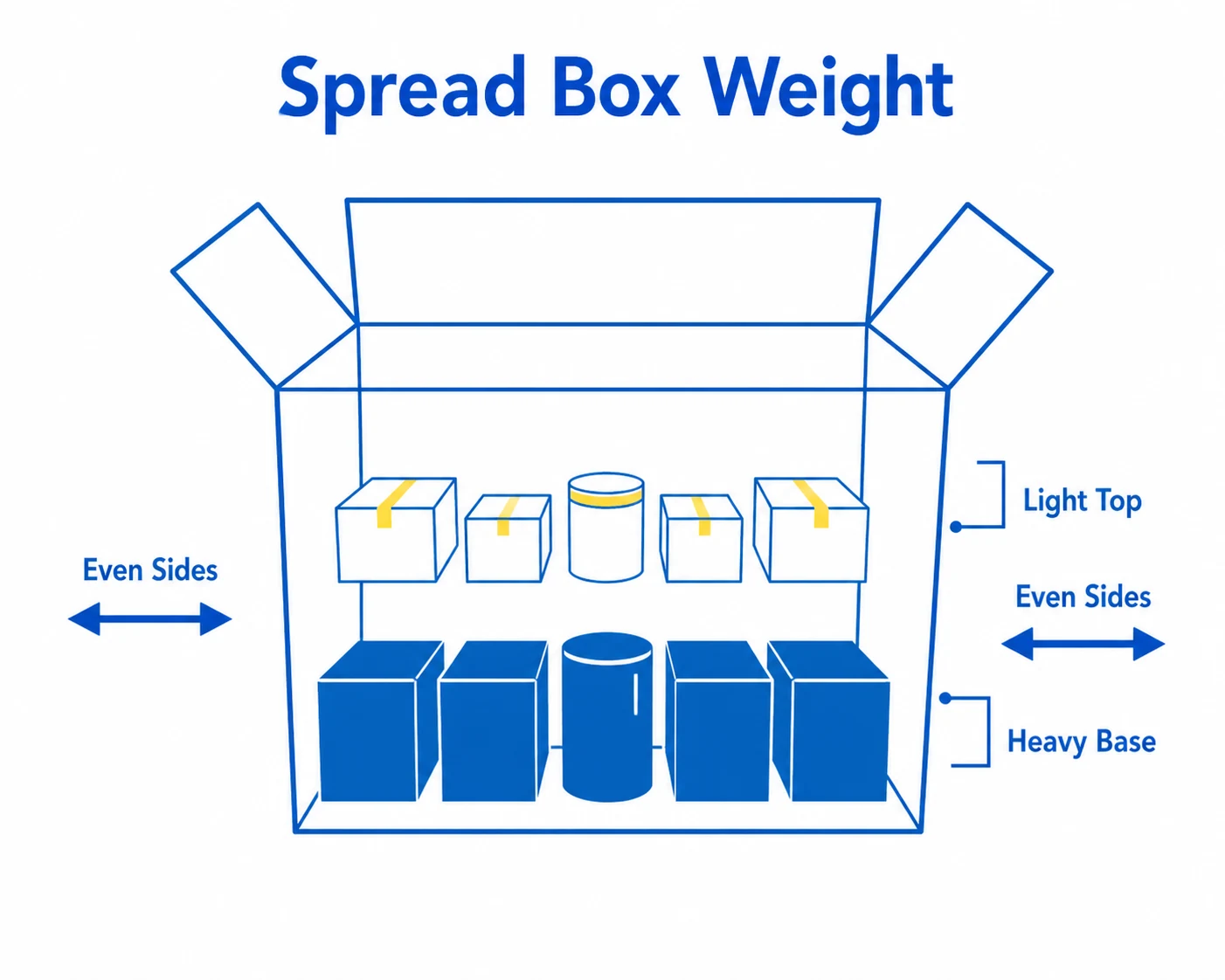 Graphic showing heavy items spread across the base of a box
