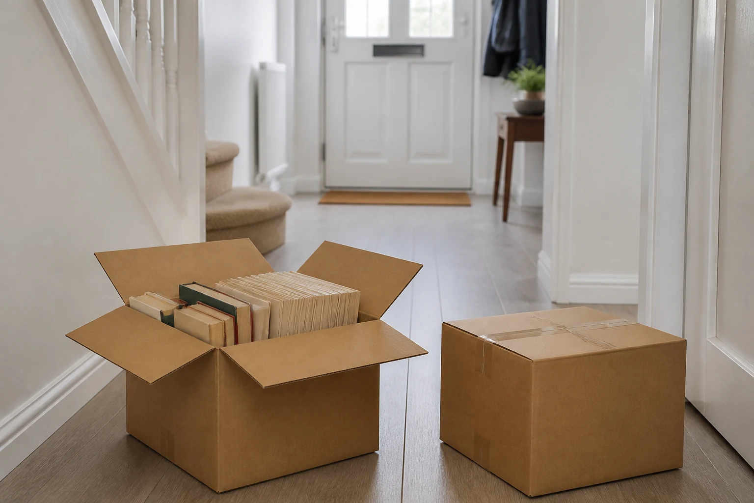 Small moving boxes packed with books and paperwork in a tidy hallway