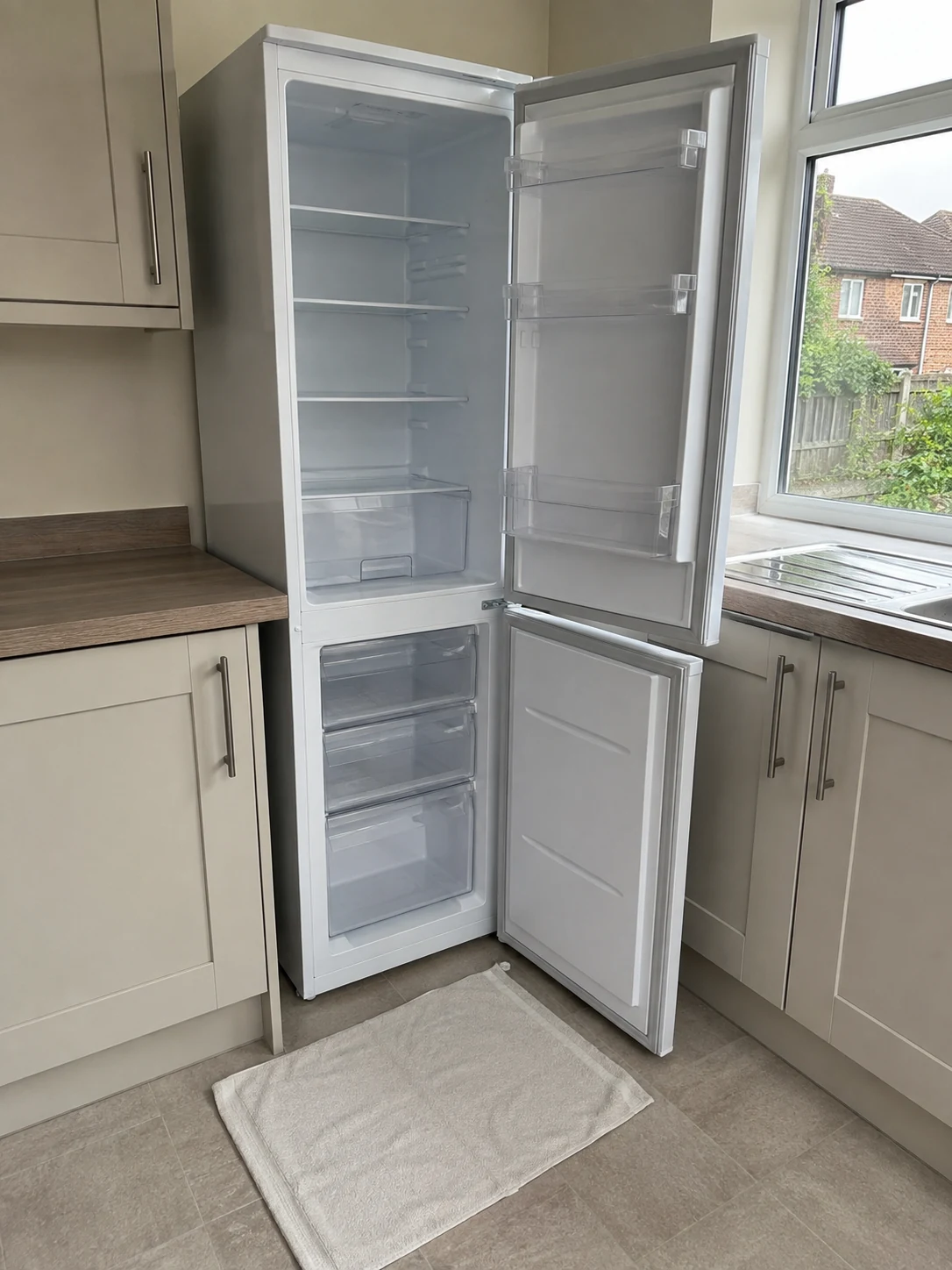 Empty fridge freezer left open and ready for moving day.
