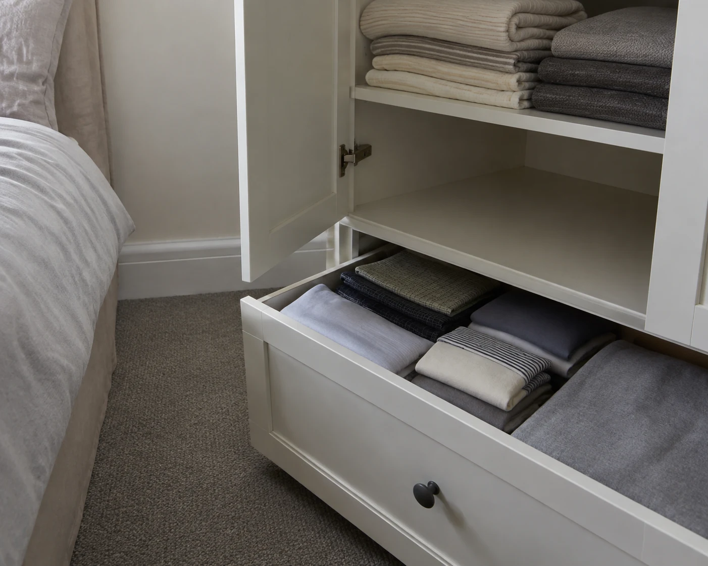 Neatly folded soft items left in a clean storage drawer.