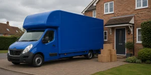 Plain blue removals van outside a tidy home with packed boxes.
