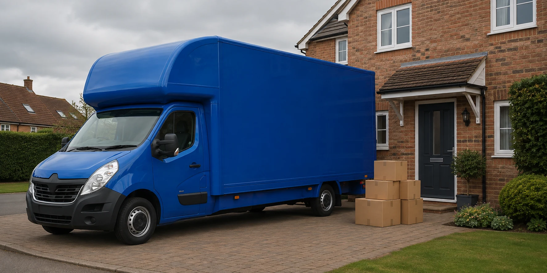 Plain blue removals van outside a tidy home with packed boxes.